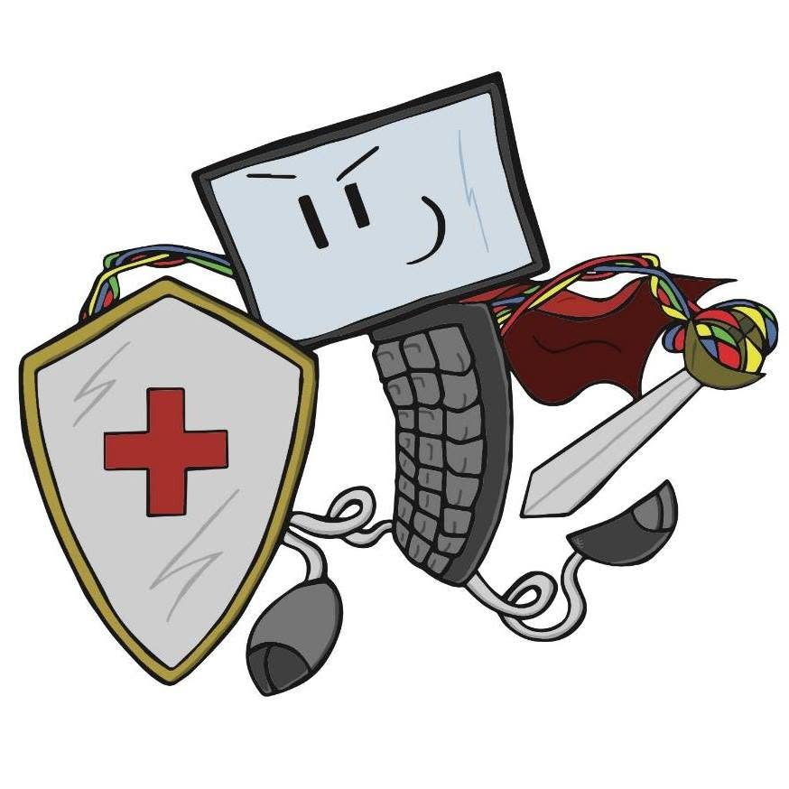 Original Ser Fixalot artwork: the Computer 911 monitor-headed repair mascot carrying a sword and medical-cross shield
